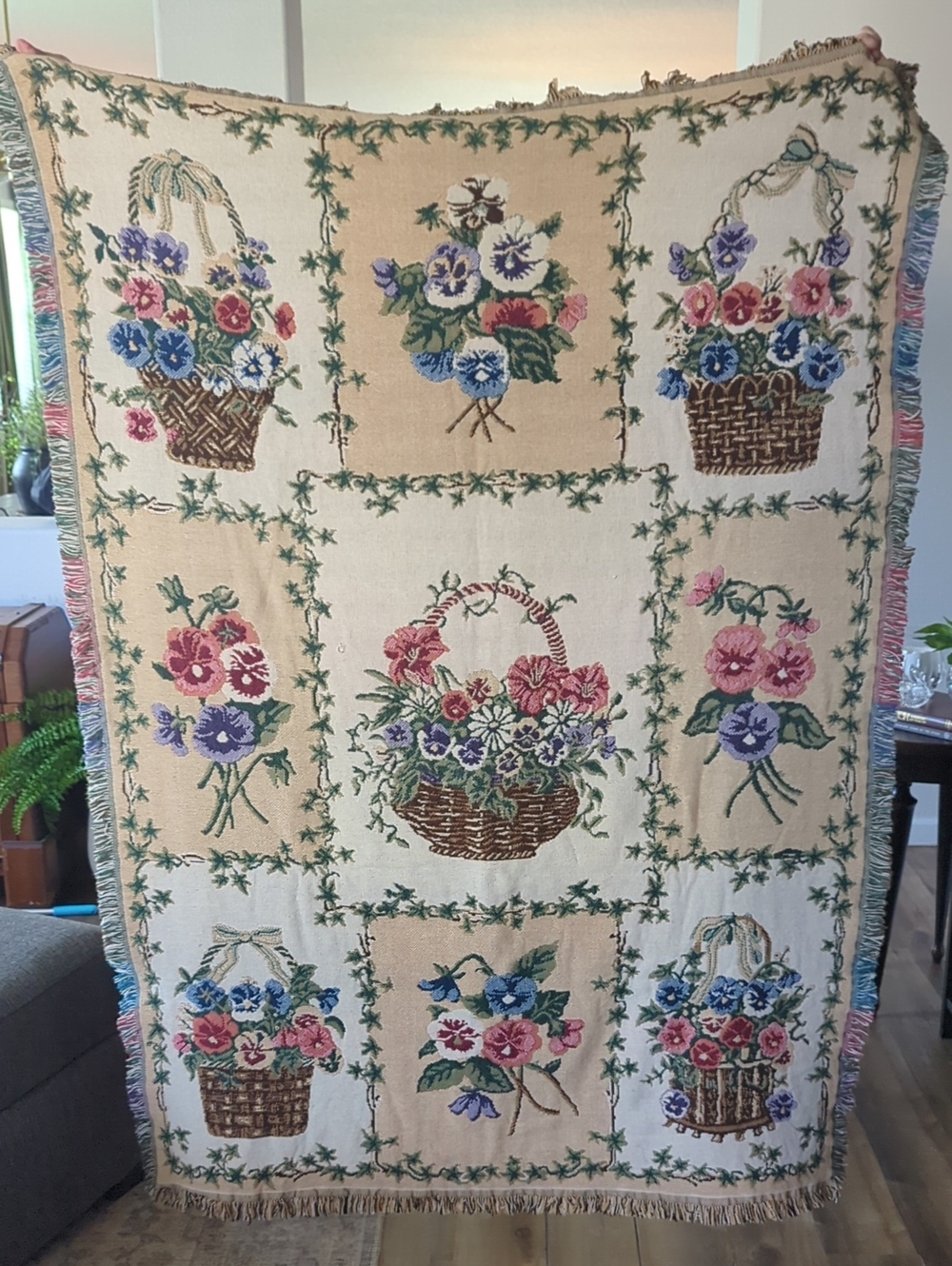 Vintage Floral Basket Woven Throw Blanket - Multicolor Pansies